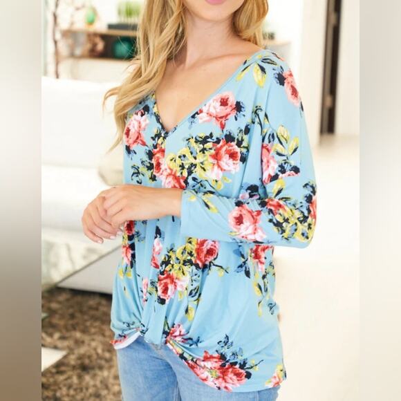 White Birch Medium Dusty Blue Floral Print Long Sleeve Twist Front Top NWOT - Picture 2 of 7